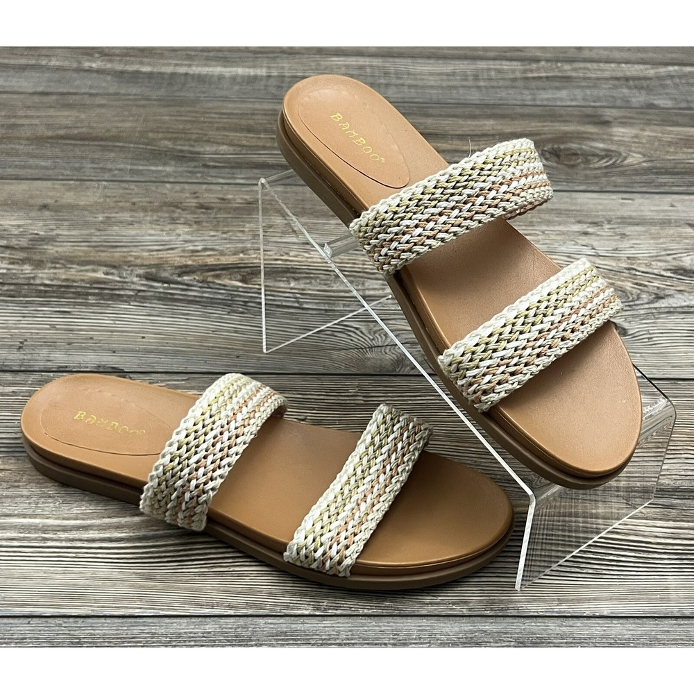 Bamboo Sandals Womens 10 Amaya Tan‎ Woven Strap Slides Minimalist Boho Chic